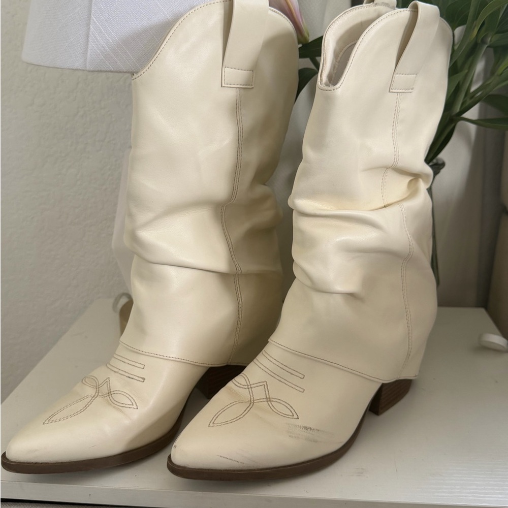 Indigo Cream Slouch Western Heeled Boots